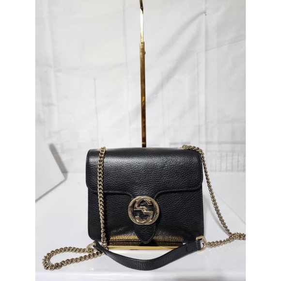 Authentic GUCCI Dollar Calfskin Interlocking G Shoulder Bag Black - Picture 5 of 15